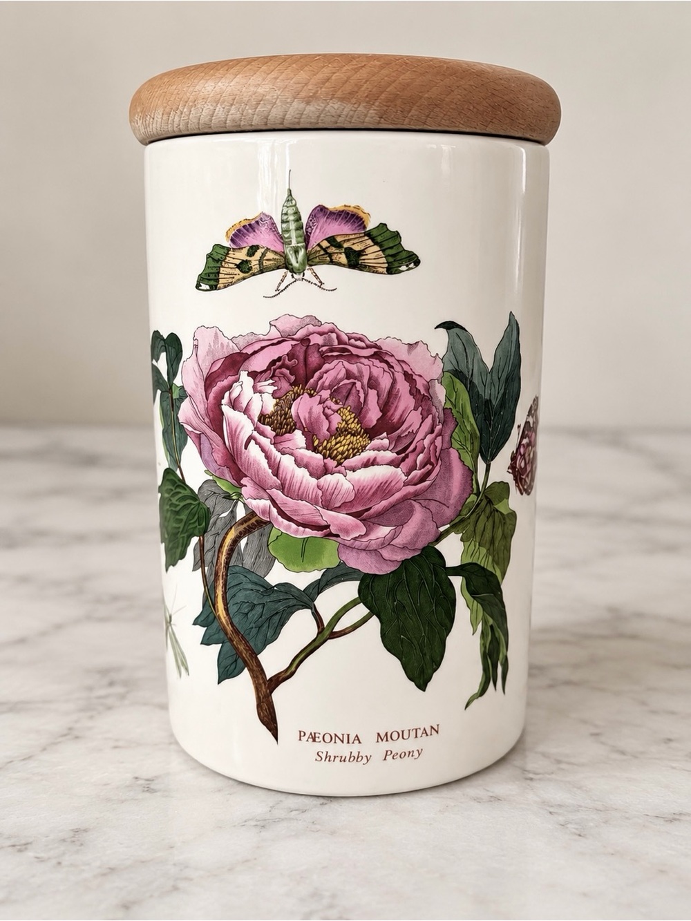 Portmeirion Botanic Garden Shrubby Peony Ceramic Canister Cookie Jar Wood Lid